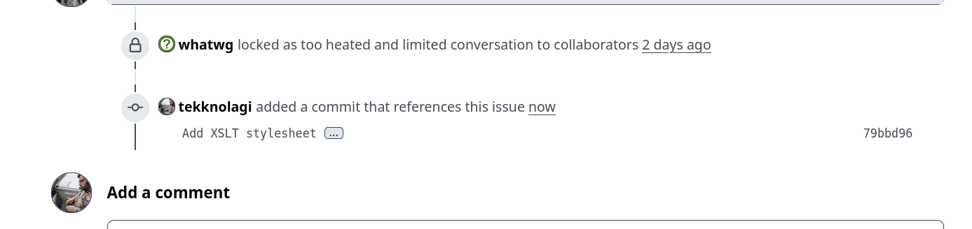 Screenshot of Google's locked issue on XSLT removal where despite it being locked, I've referenced it in a commit adding XSLT to my site